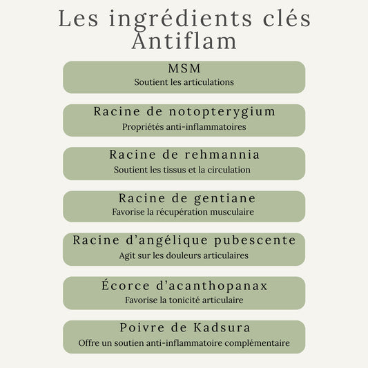 Ingrédients naturels du complément Antiflam - MSM et extraits de plantes