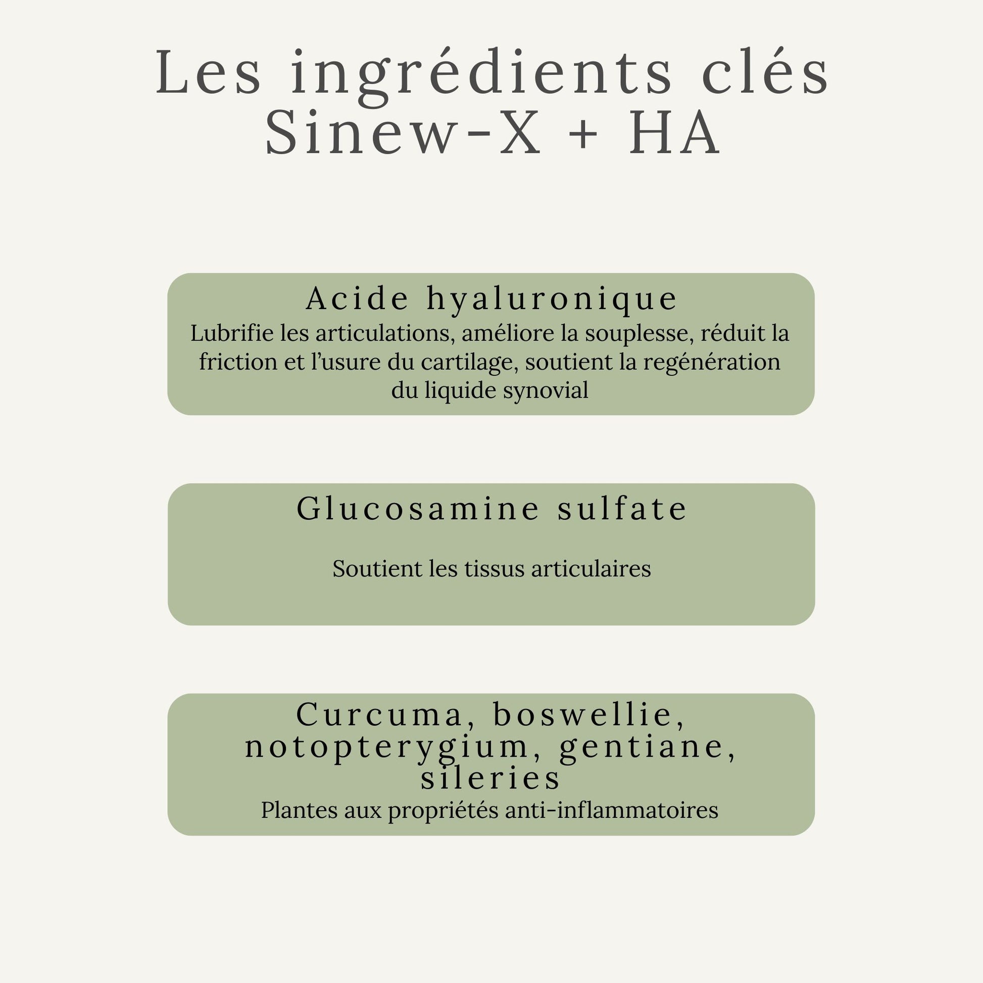 Ingrédients naturels du SINEW-X – soutien articulaire du cheval avec acide hyaluronique et glucosamine