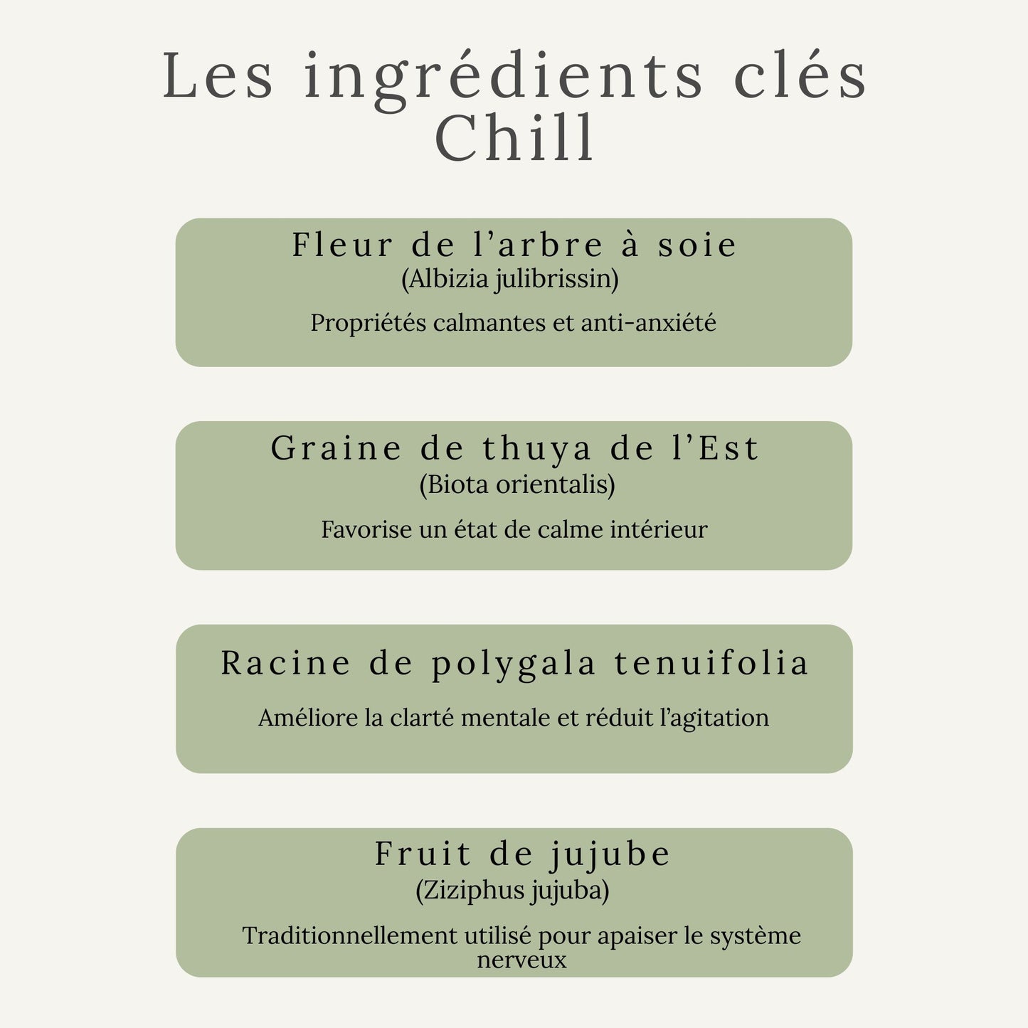 Ingrédients actifs du Chill pour chevaux : fleur de l'arbre à soie, graine de thuya et autres plantes calmantes