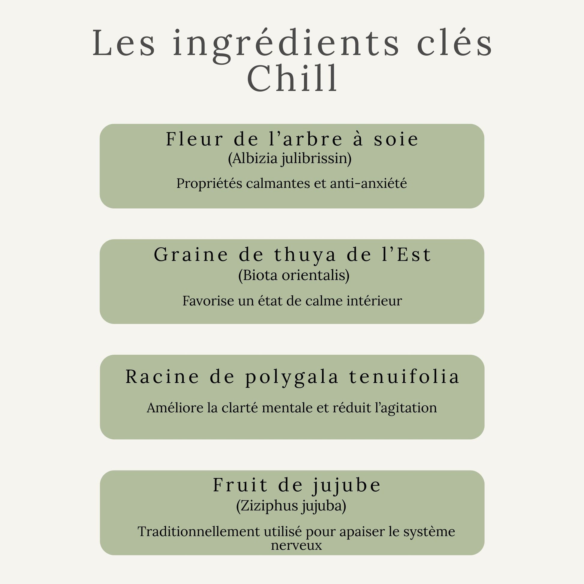Ingrédients actifs du Chill pour chevaux : fleur de l'arbre à soie, graine de thuya et autres plantes calmantes