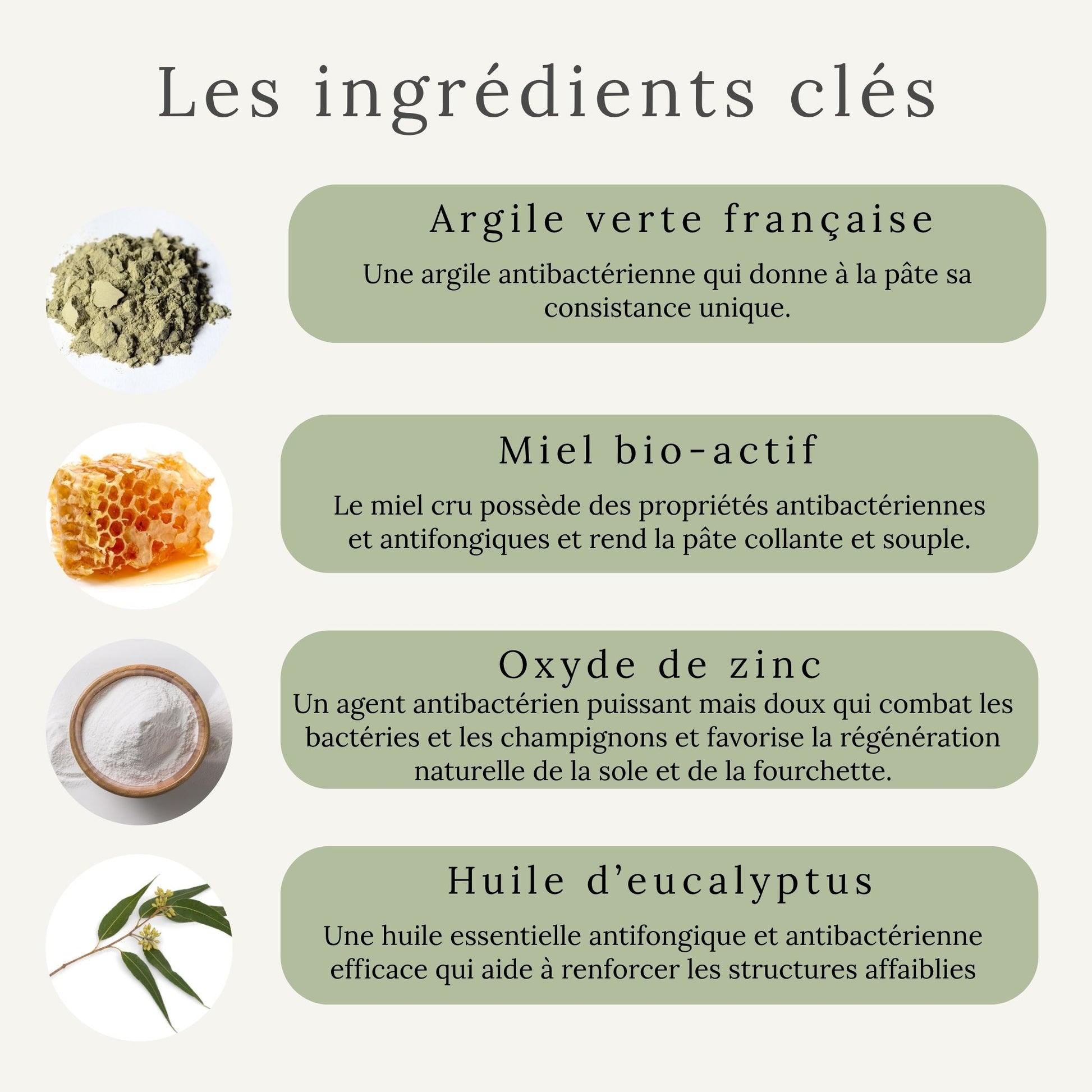 Ingrédients naturels d’Artimud – argile verte, miel, oxyde de zinc et eucalyptus