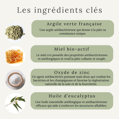 Ingrédients naturels d’Artimud – argile verte, miel, oxyde de zinc et eucalyptus