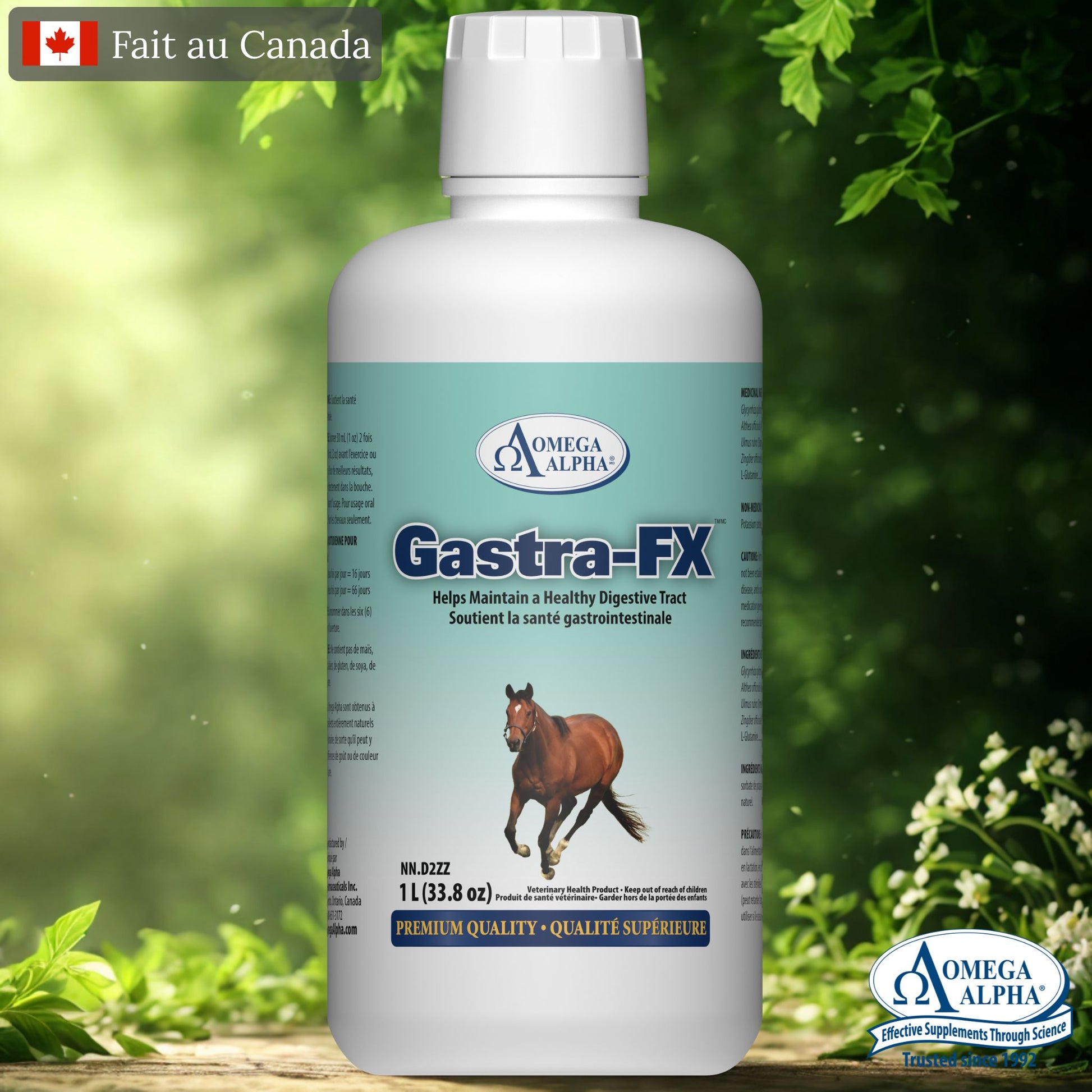 Bouteille de Gastra-FX de la marque Omega Alpha – supplément naturel pour la santé digestive des chevaux