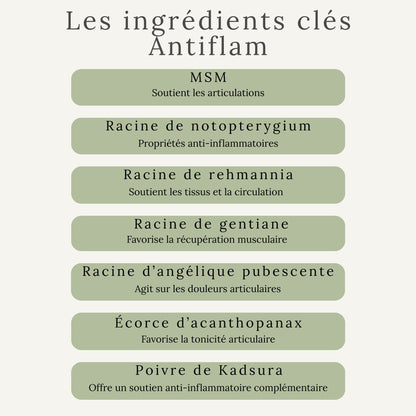 Ingrédients naturels du complément Antiflam - MSM et extraits de plantes
