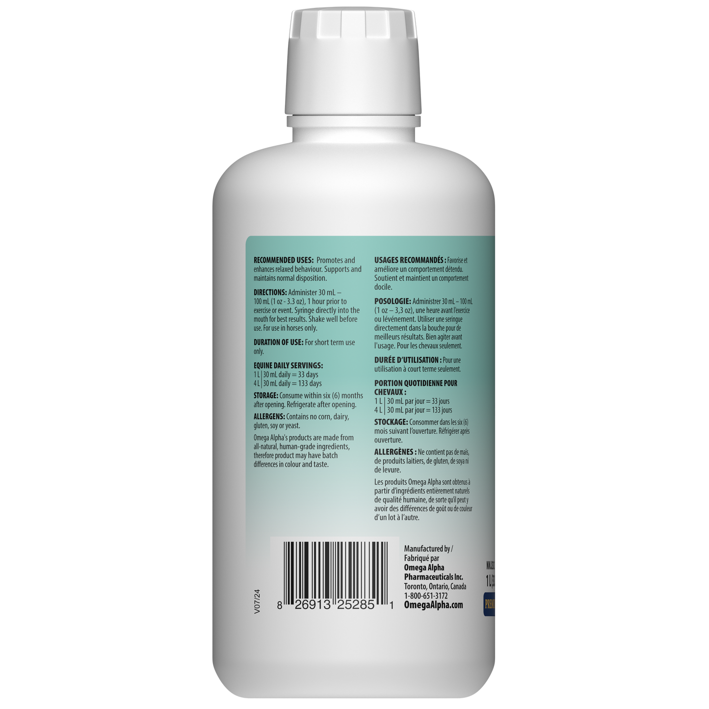 Bouteille de Chill de la marque Omega Alpha – supplément calmant naturel pour chevaux 1 litre