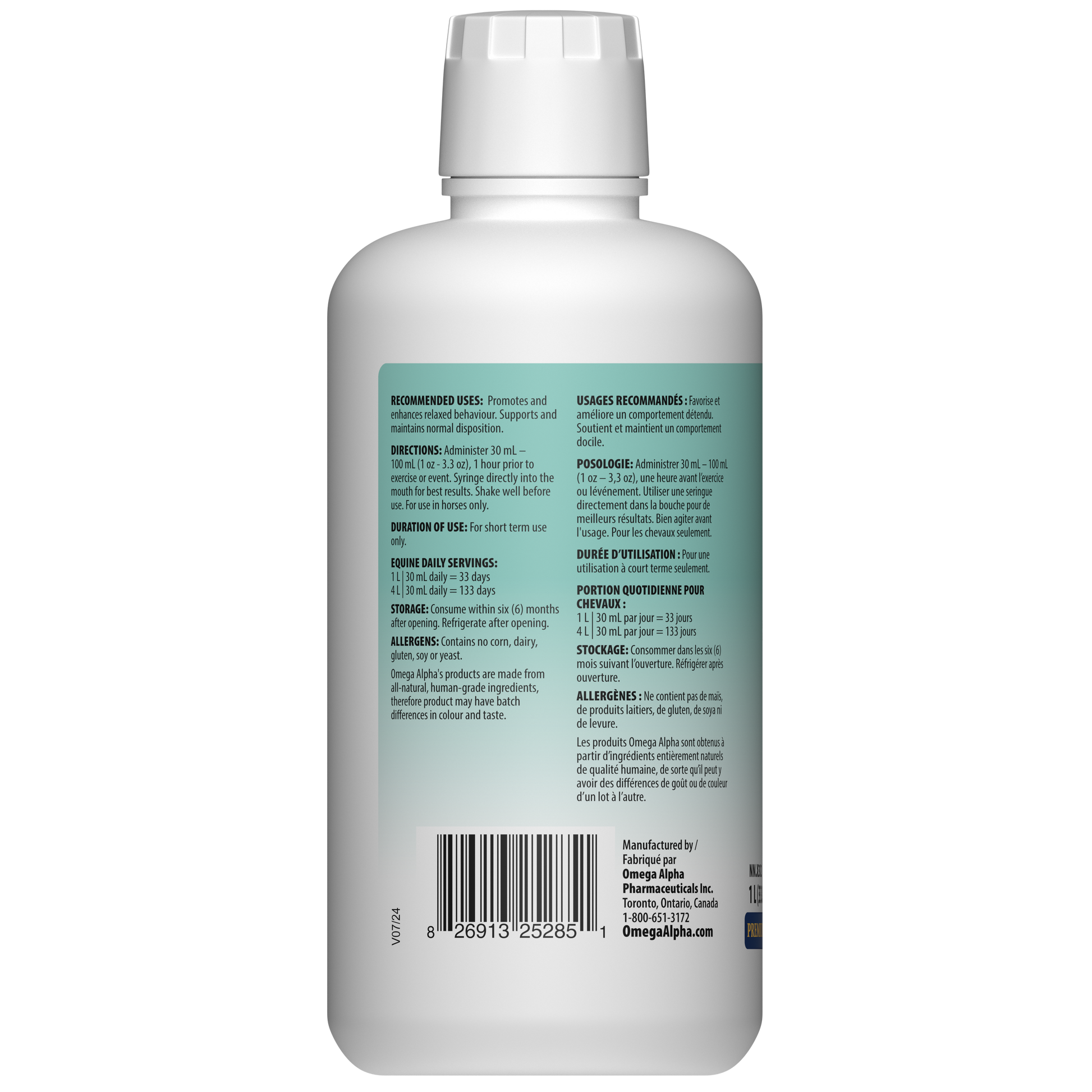 Bouteille de Chill de la marque Omega Alpha – supplément calmant naturel pour chevaux 1 litre