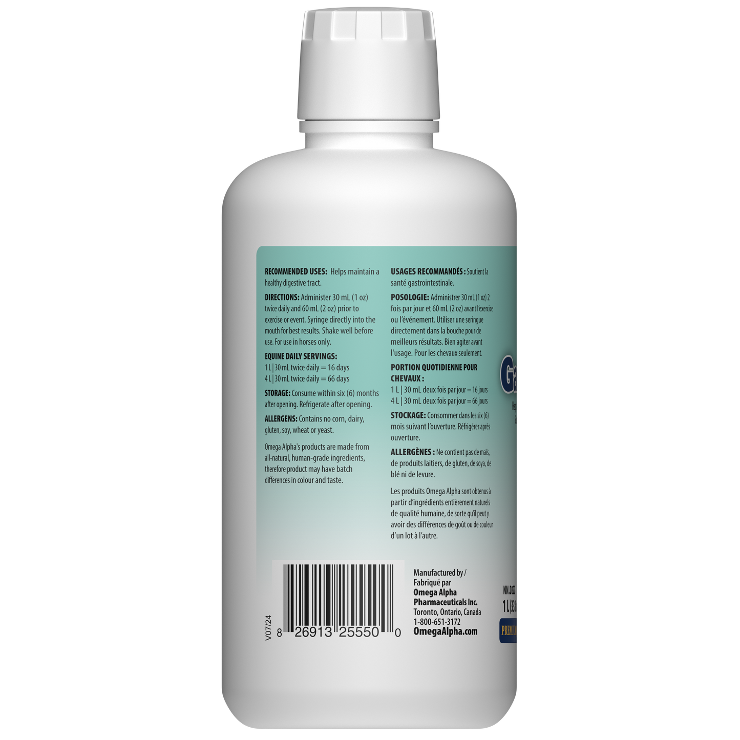 Bouteille de Gastra-FX de la marque Omega Alpha – supplément naturel pour la santé digestive des chevaux