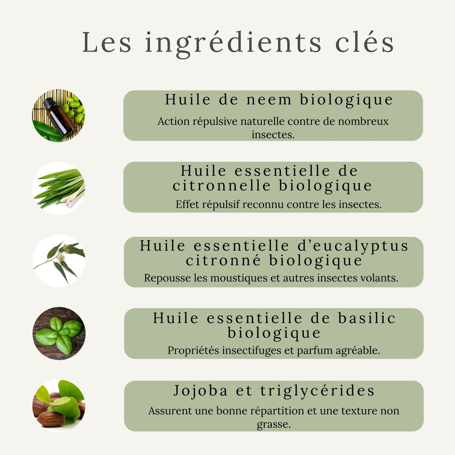 Ingrédients du répulsif Protect’Insectes – huile de neem, huiles essentielles naturelles contre les insectes, jojoba