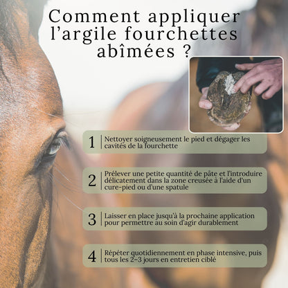 Guide visuel expliquant comment appliquer l’argile fourchettes abîmées sur le sabot du cheval