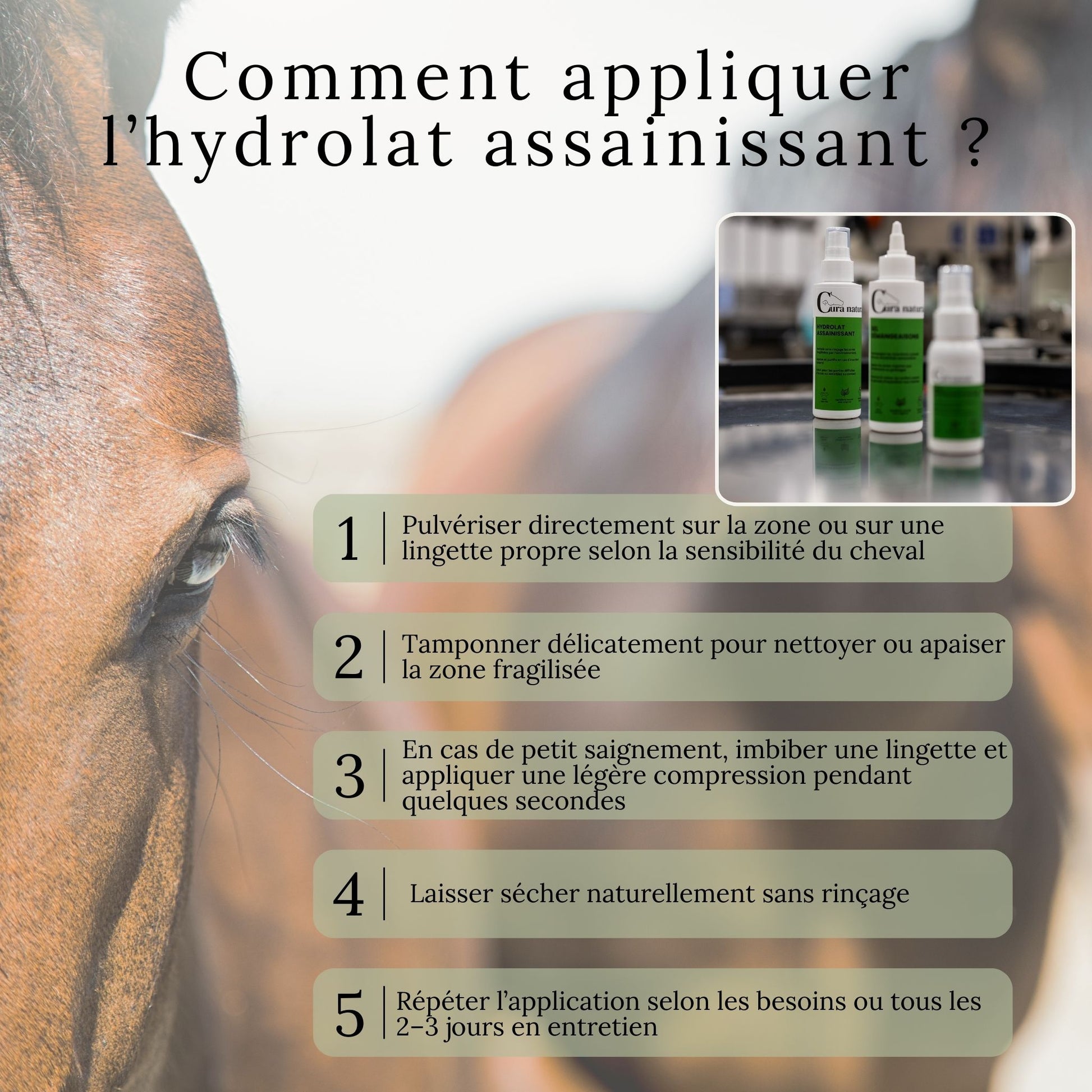 Guide visuel expliquant comment appliquer l’hydrolat assainissant sur le cheval
