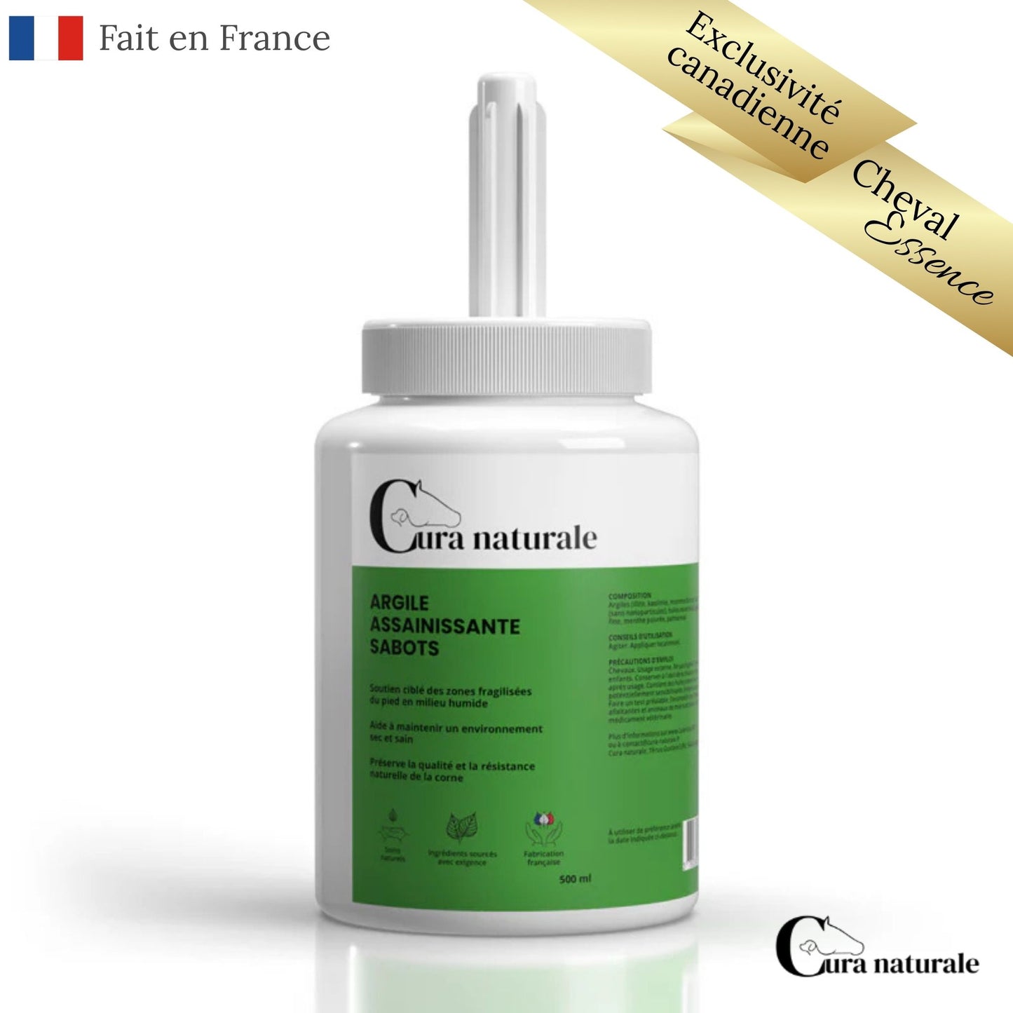 Flacon d’argile assainissante sabots Cura Naturale sur fond blanc