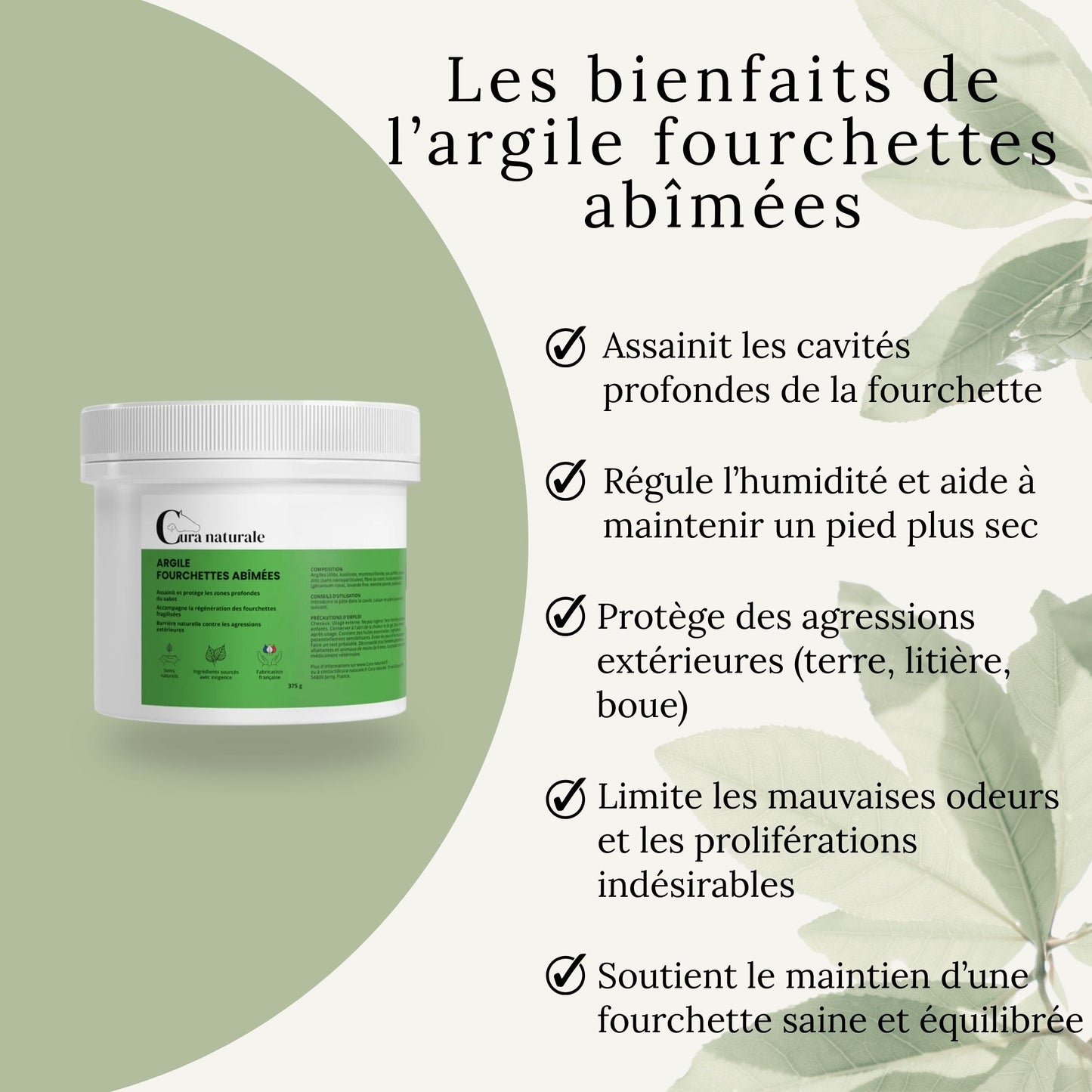 Infographie des bienfaits de l’argile fourchettes abîmées pour accompagner l’hygiène du sabot