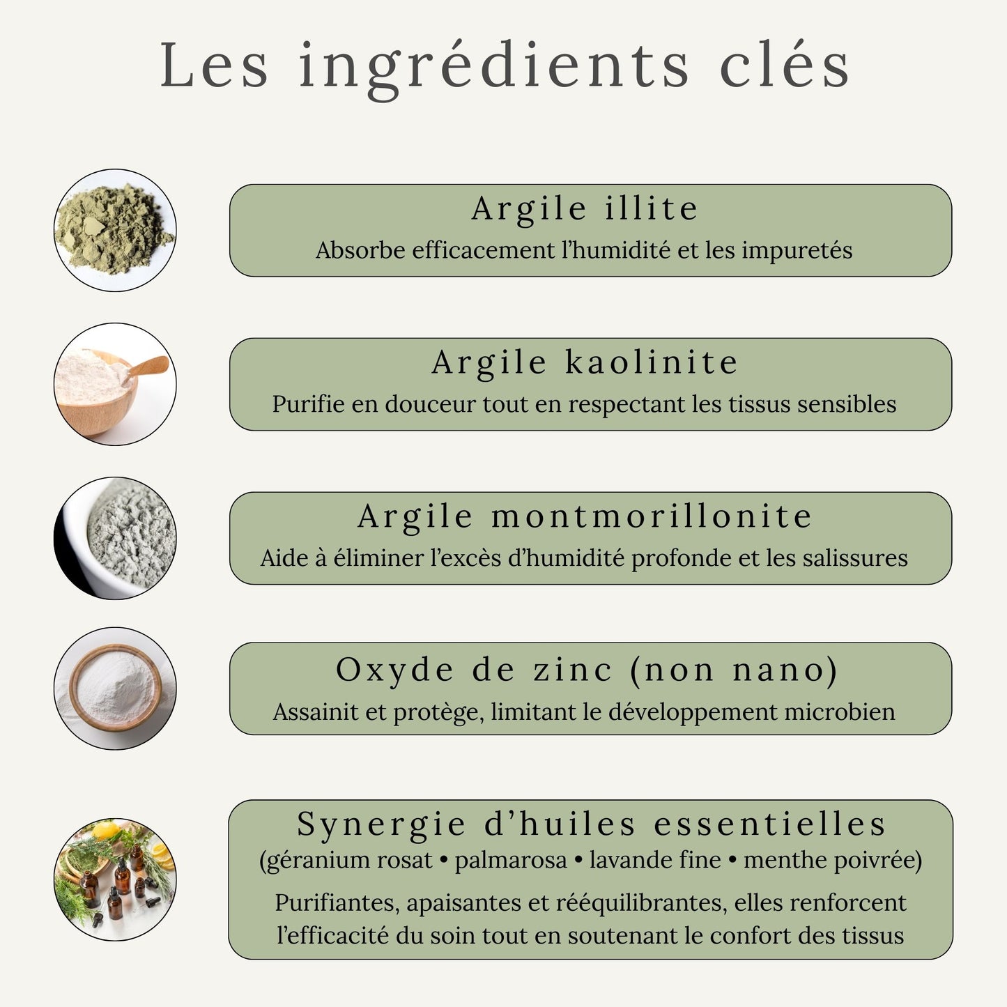 Infographie présentant les ingrédients clés de l’argile assainissante sabots Cura Naturale