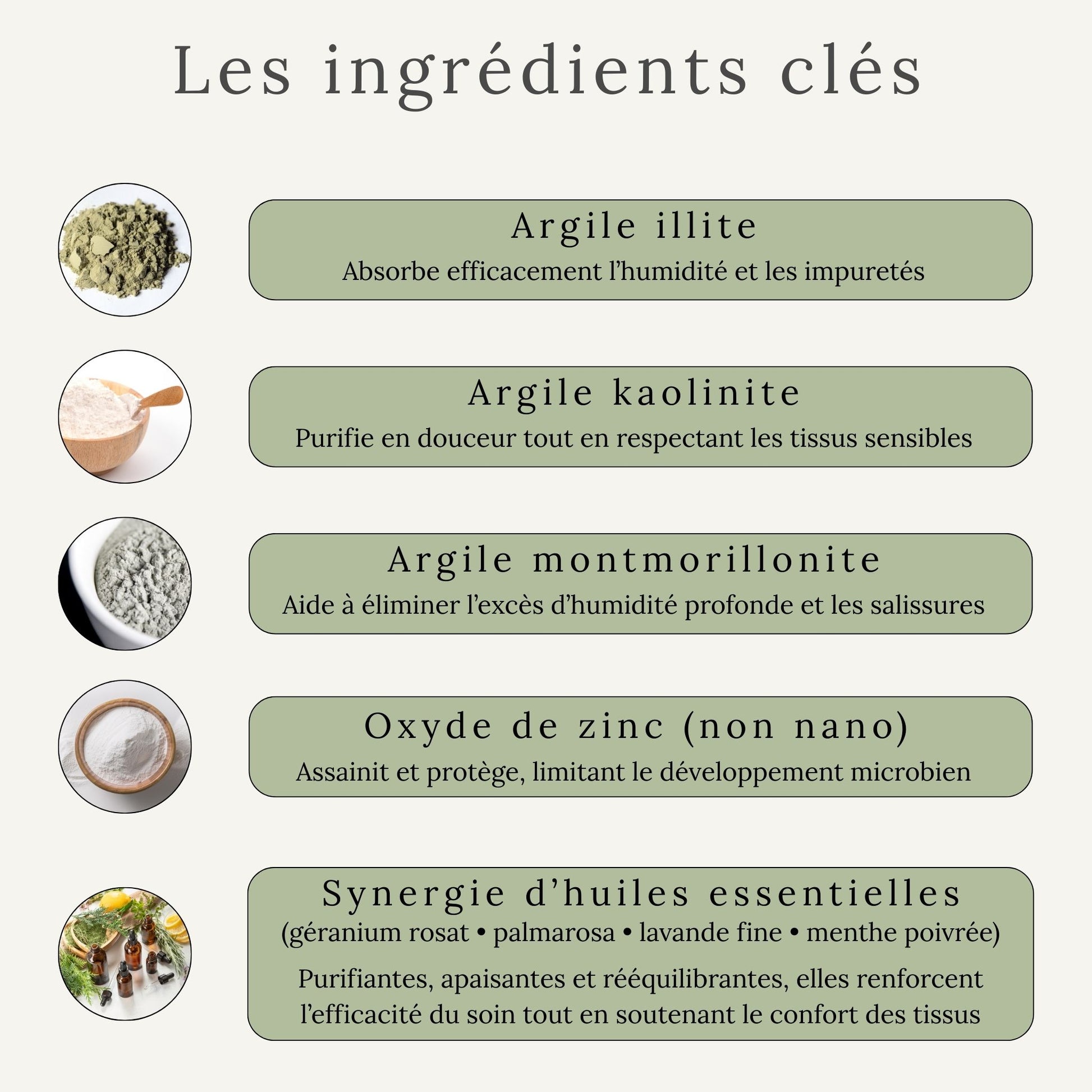 Infographie présentant les ingrédients clés de l’argile assainissante sabots Cura Naturale