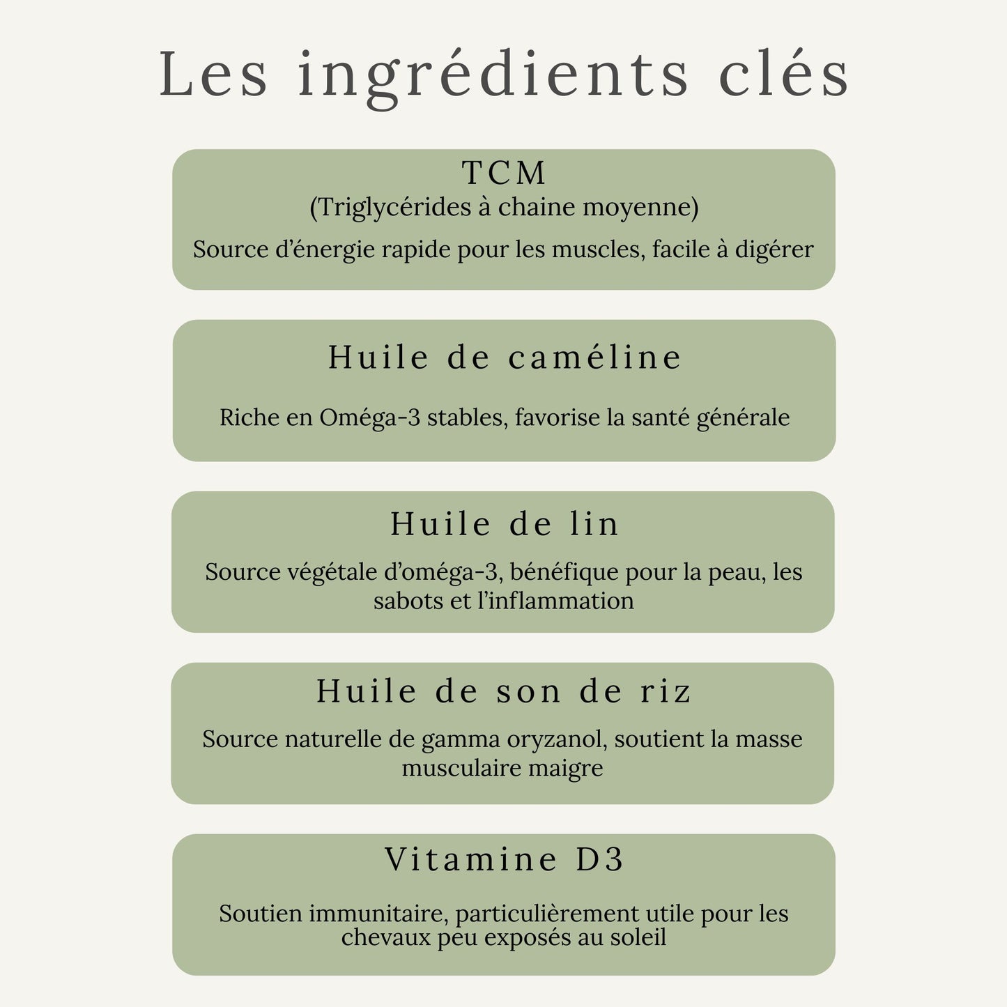 Ingrédients d’EquiBody Glo : huiles naturelles riches en oméga-3, oméga-6 et vitamine E