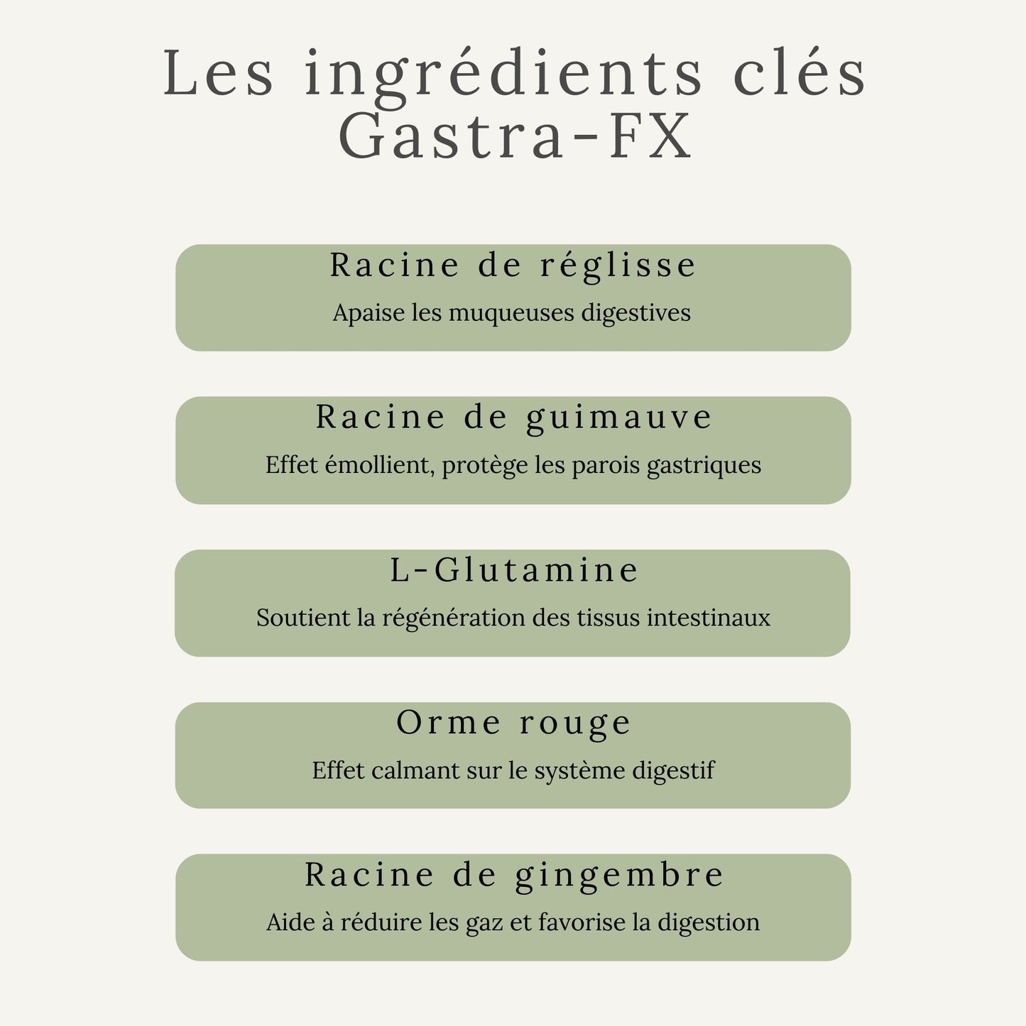 Ingrédients actifs du Gastra-FX : racine de reglisse, racine de guimauve et autres plantes 